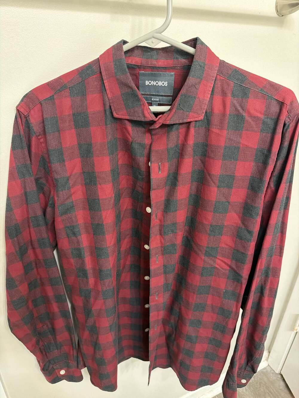 Bonobos Men’s Slim Fit Red Black Plaid Check Button Down Shirt Size M